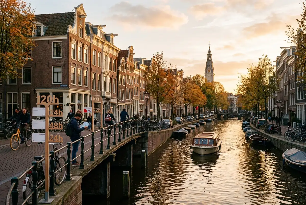 Viaggiatore che controlla sul telefono il amsterdam city card prezzo seduto su una panchina lungo un canale di Amsterdam