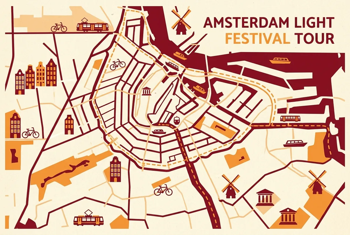 Simple map showing the typical amsterdam light festival boat tour route through the central canal ring and out to the Amstel, generic labels only, no artwork names or prices