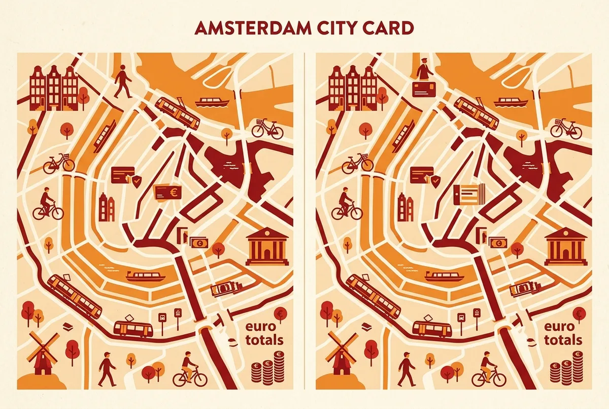 Simple infographic comparing a one day amsterdam budget travel scenario with and without the city card, generic euro totals only, no real-time pricing claims