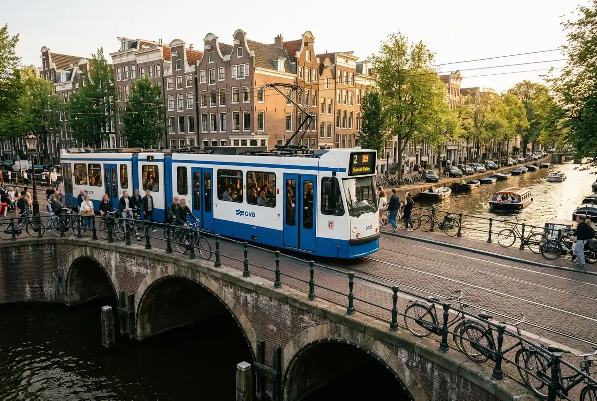 Amsterdam tram on a canal bridge, the backbone of public transport amsterdam