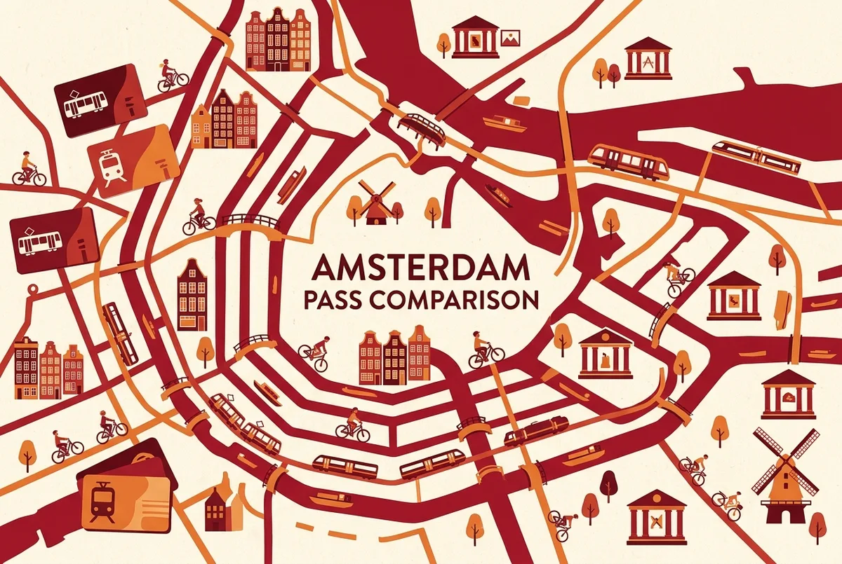Table-style infographic comparing amsterdam travel pass options: GVB, ATT, ARTT and City Card, with generic icons for tram, train and museum, amsterdam travel pass comparison