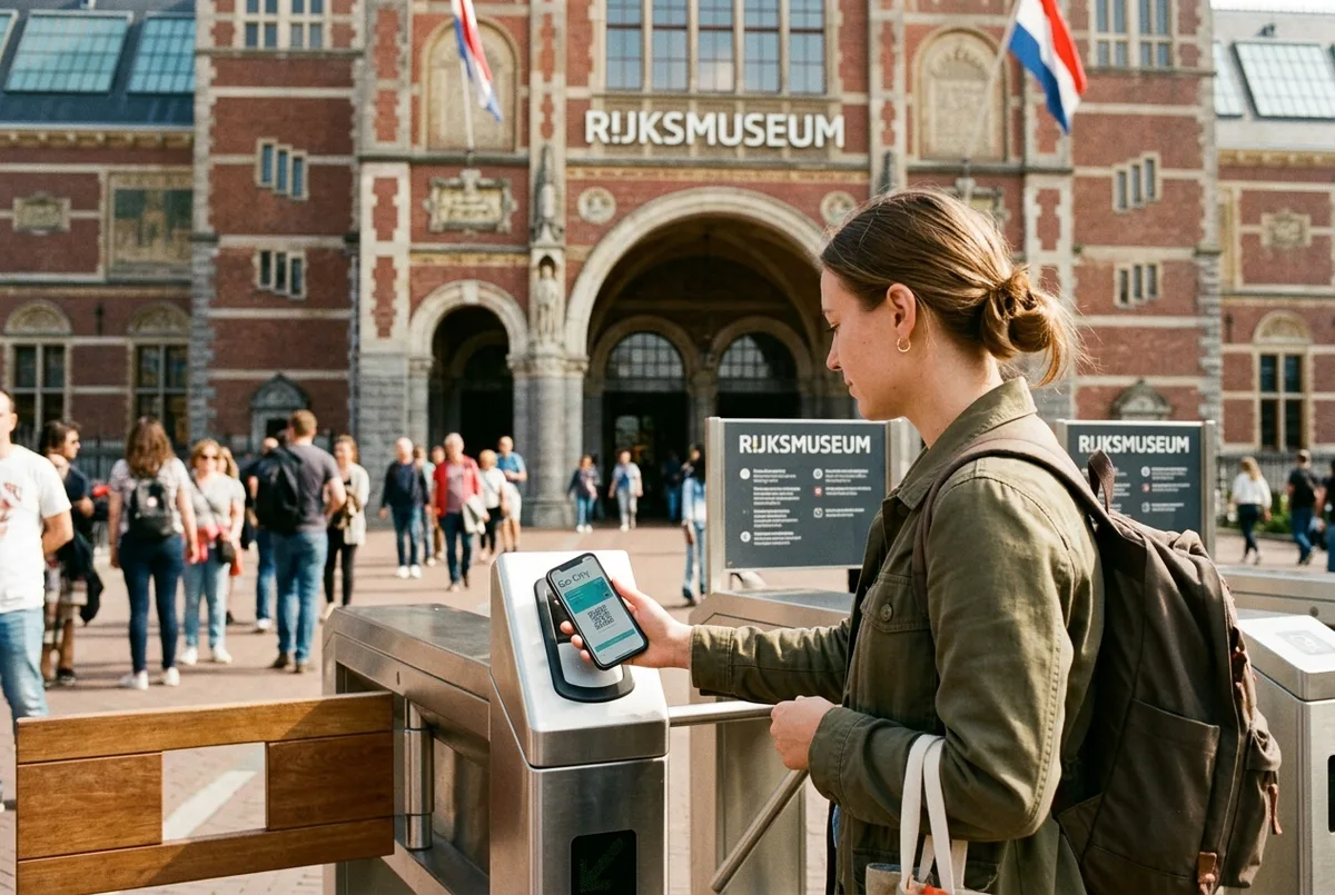 voyageur scannant son go city amsterdam pass a l entree du Rijksmuseum au petit matin