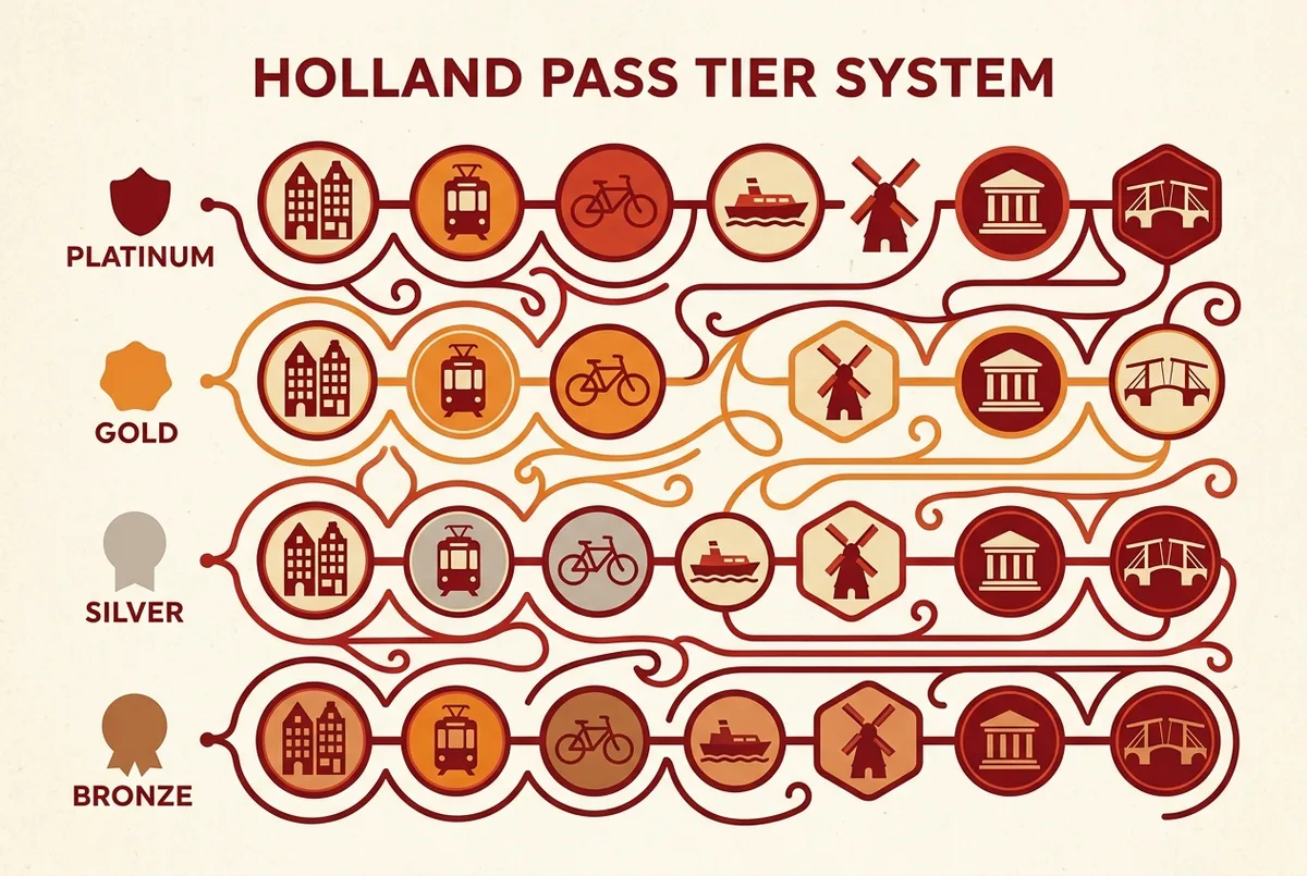 Infographic showing the amsterdam holland pass voucher tier system, bronze silver gold platinum icons linked to attraction credits