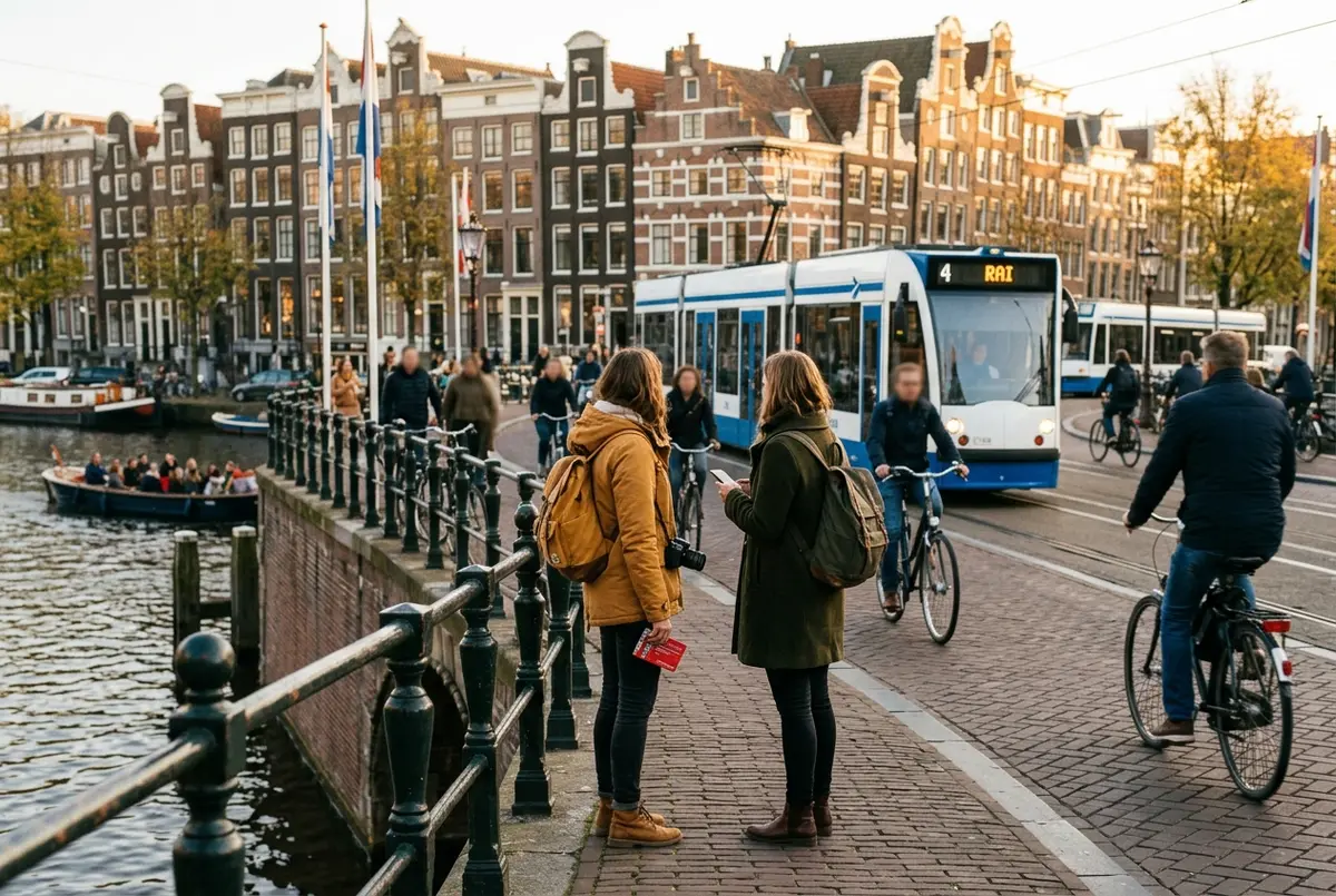 city card amsterdam, travelers on an amsterdam canal bridge with trams, editorial scene