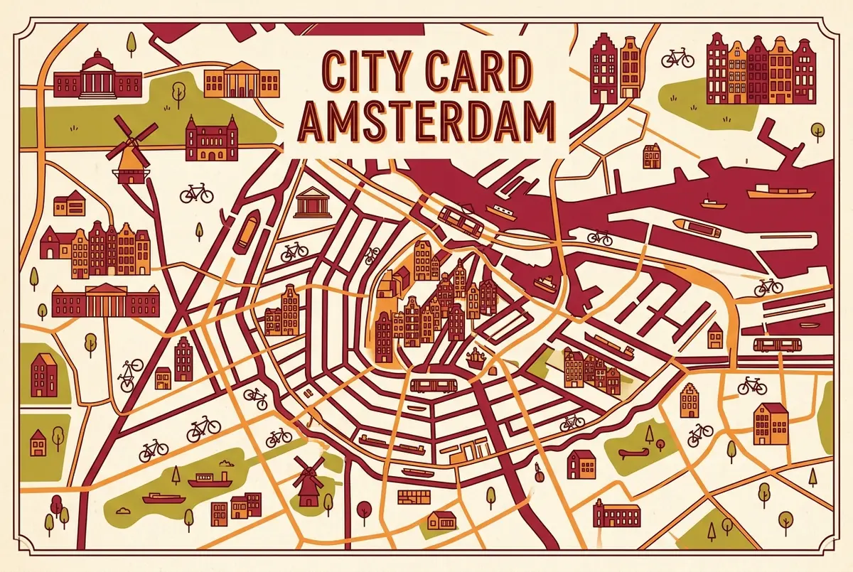 infographic style overview map of amsterdam attractions covered by the city card amsterdam