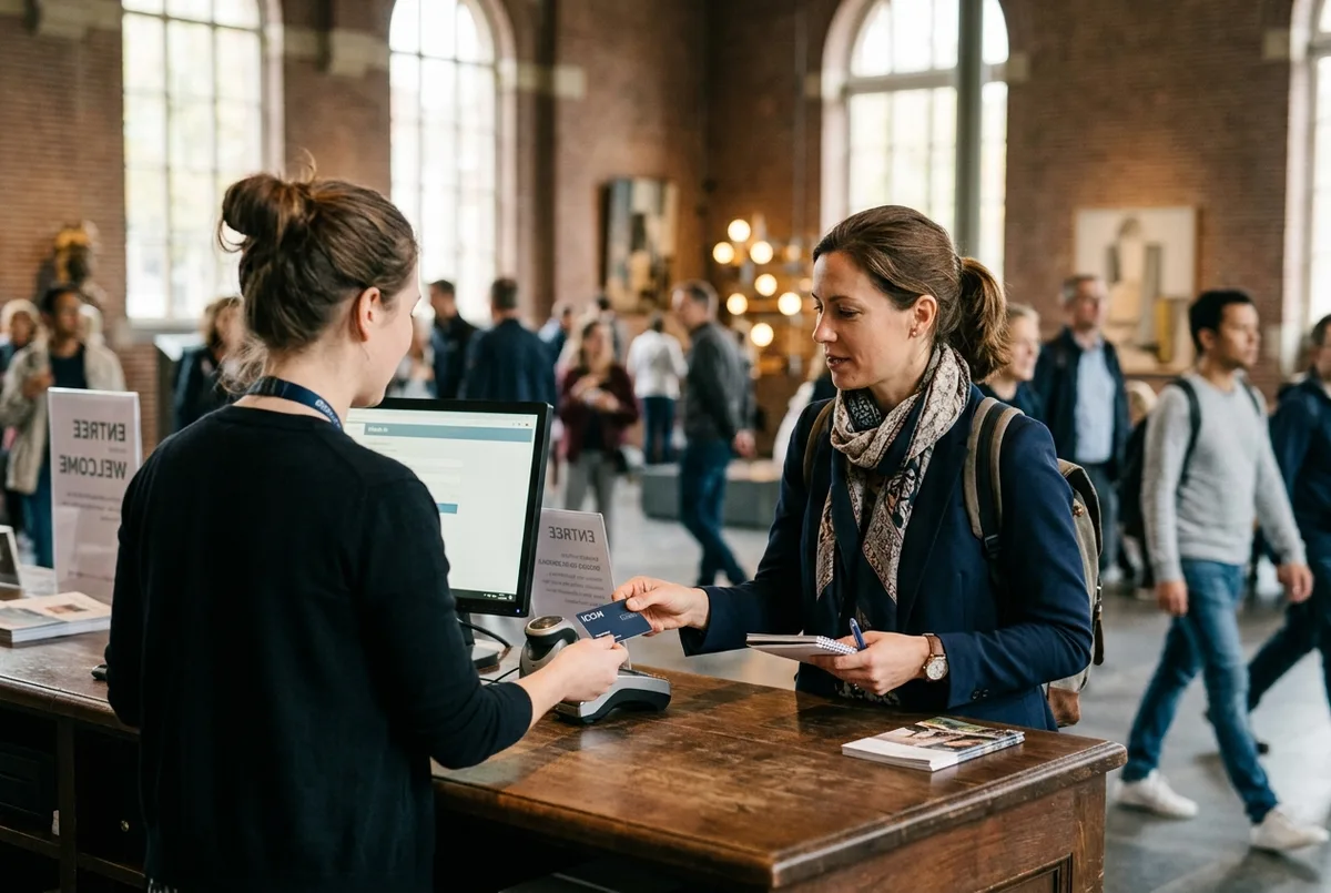 Amsterdam museum entrance desk, where an icom card amsterdam holder checks in for professional entry
