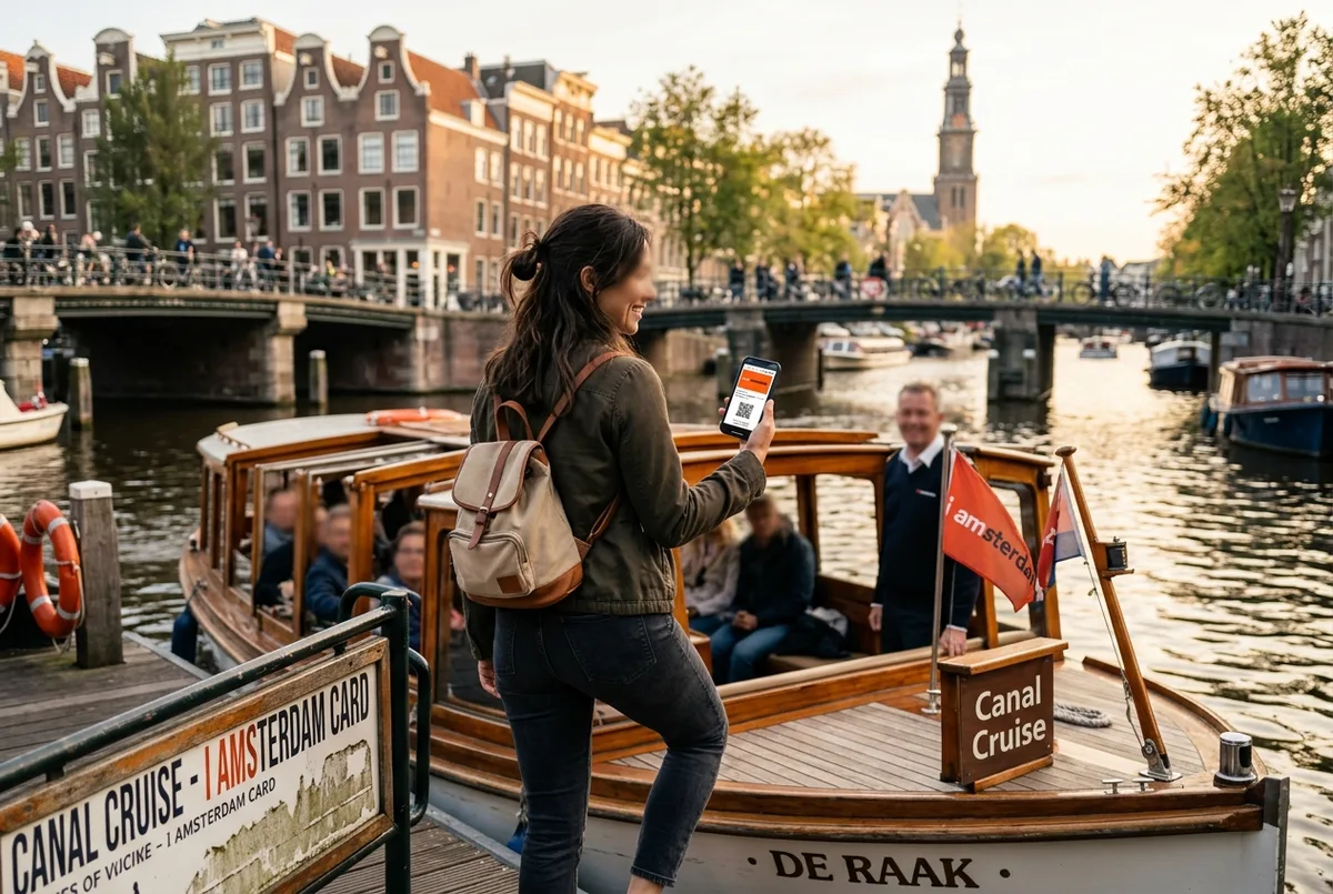 Traveler boarding a canal boat in Amsterdam with the i amsterdam city card ready on a phone, i amsterdam card canal cruise