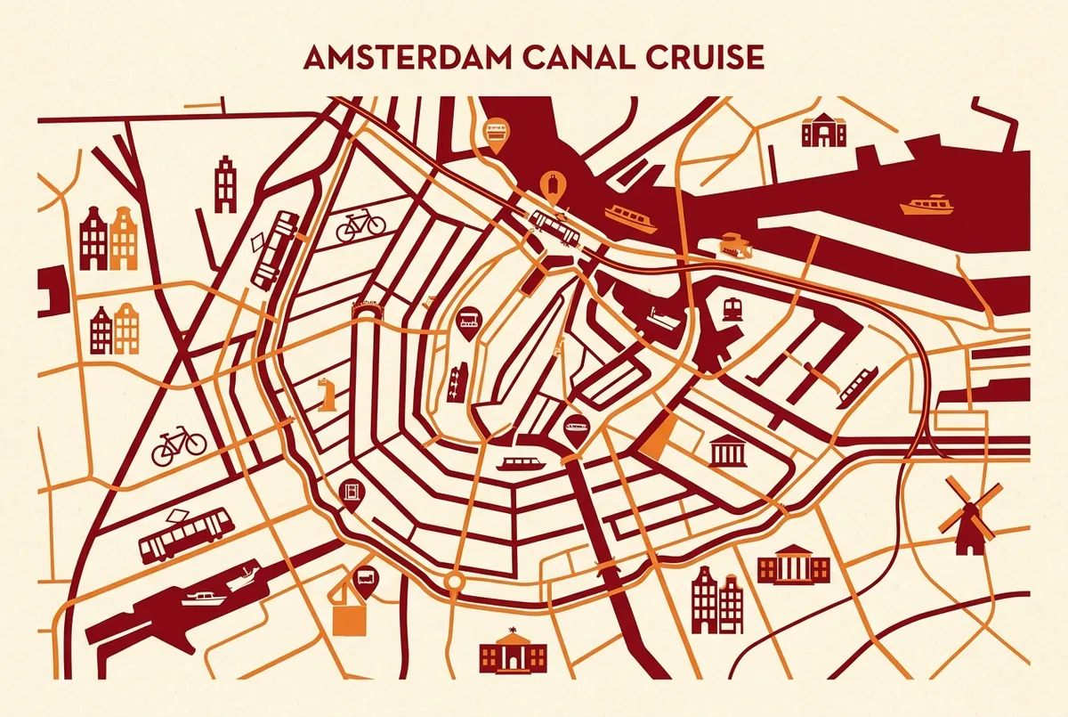 Simple map showing typical canal cruise boarding points in central Amsterdam relative to the main tram lines, generic labels only, i amsterdam card canal cruise route map