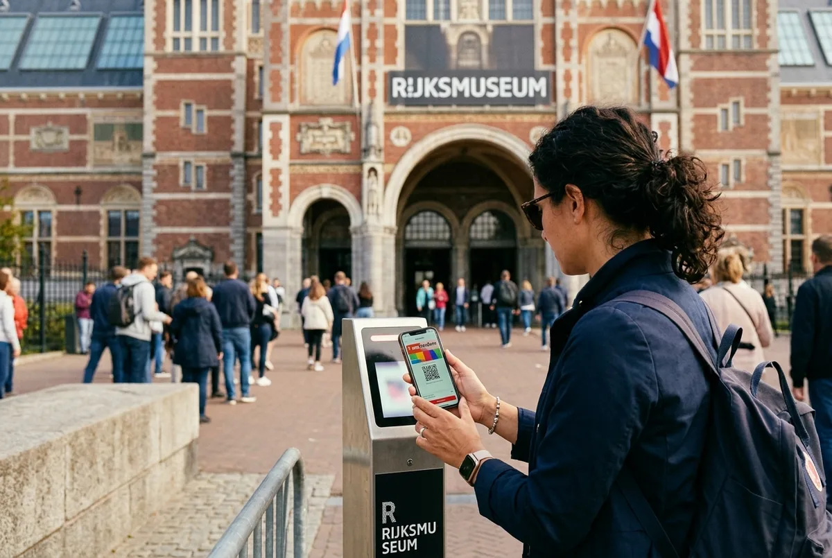 visiteur scannant la reservation de creneau rijksmuseum i amsterdam card sur son telephone devant l entree du Rijksmuseum au lever du soleil