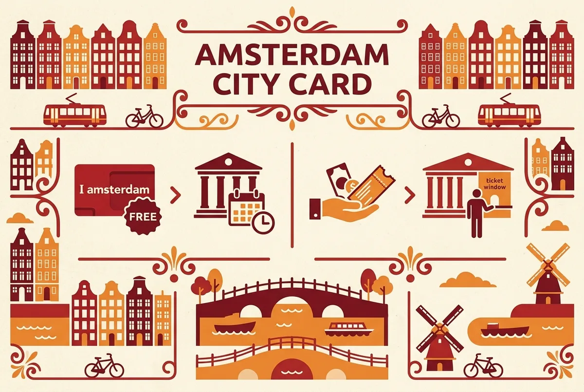 infographie simple montrant l entree rijksmuseum i amsterdam card gratuite mais avec creneau obligatoire face a l option billet plein tarif, etiquettes generiques