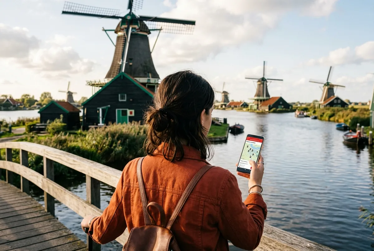 Reiziger bij de molens van Zaanse Schans checkt op haar telefoon de amsterdam city card zaanse schans dekking in warm middaglicht
