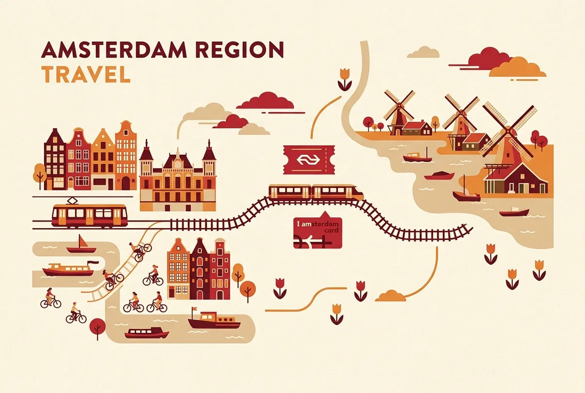 eenvoudige kaart die de treinverbinding toont van Amsterdam Centraal naar Zaanse Schans, met iconen voor regioticket en city card boven elke etappe, generieke labels, amsterdam city card zaanse schans route