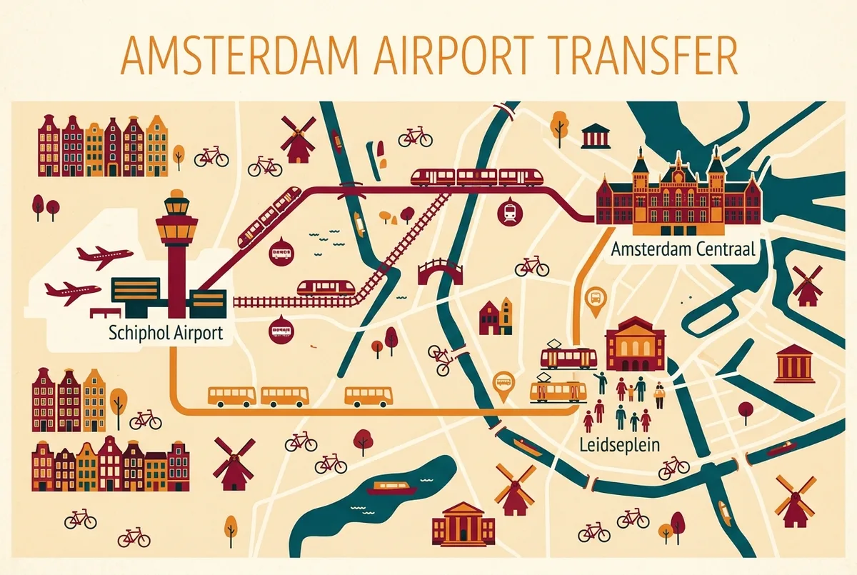 Simple route map showing Schiphol Airport connected to Amsterdam Centraal by train and to Leidseplein by bus, generic icons only, train tickets amsterdam airport transfer map