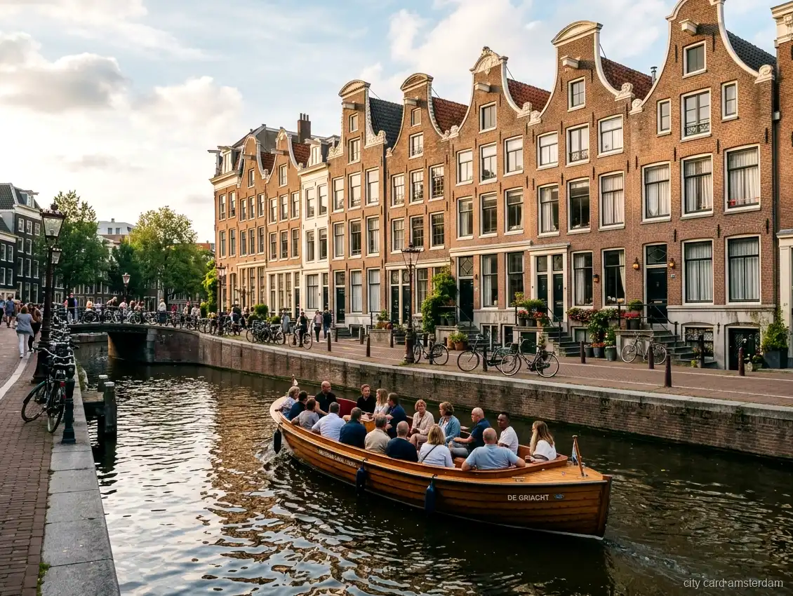 Amsterdam Canal Cruise from Anne Frank House: open canal tour boat gliding past gabled canal houses