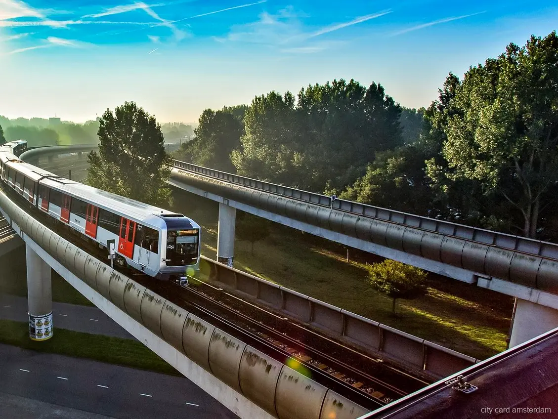 Regional train covered by the Amsterdam Region Travel Ticket passing tulip fields