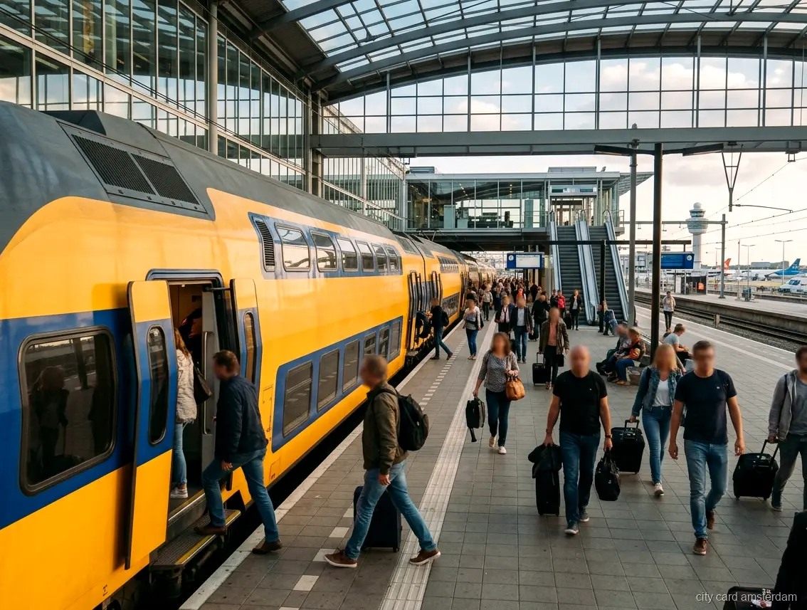 Amsterdam Travel Ticket (Airport + City, 1 to 3 Days): modern double deck train at an airport rail platform