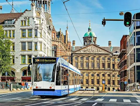 GVB tram in central Amsterdam covered by the public transport ticket