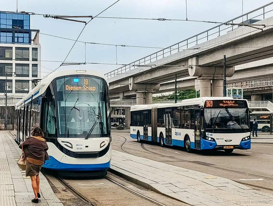 Passenger scanning a GVB Amsterdam e-ticket at the tram door