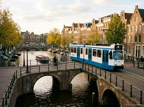 GVB Public Transport Ticket (1 to 7 Days): blue and white city tram crossing a bridge