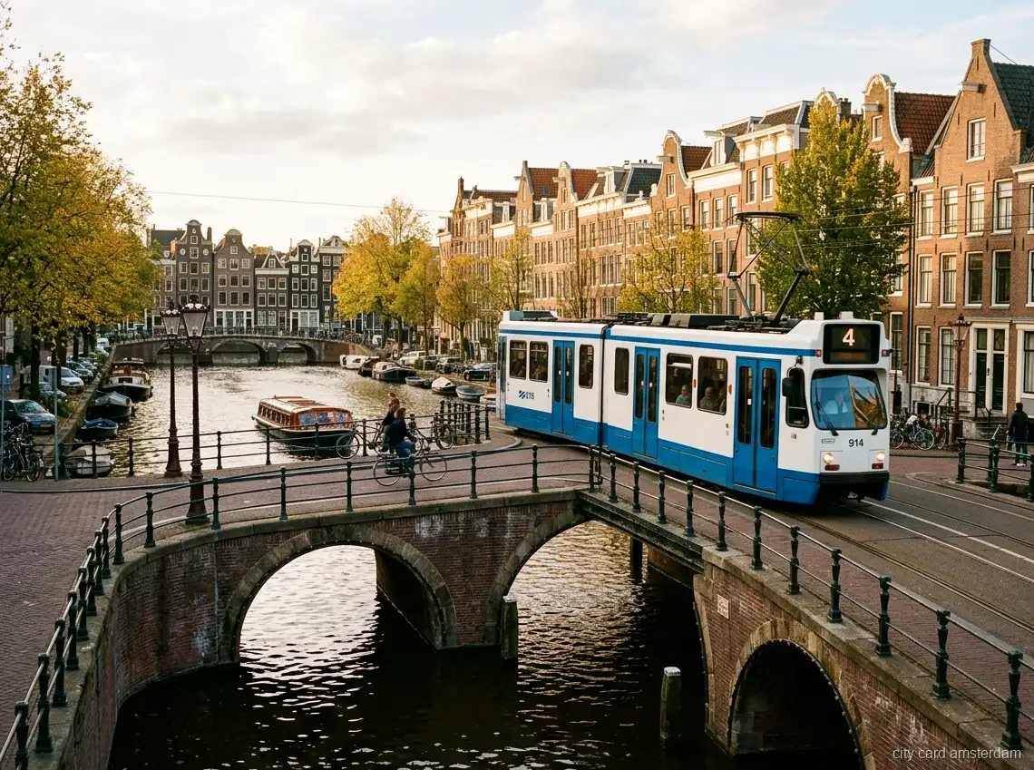 GVB Public Transport Ticket (1 to 7 Days): blue and white city tram crossing a bridge