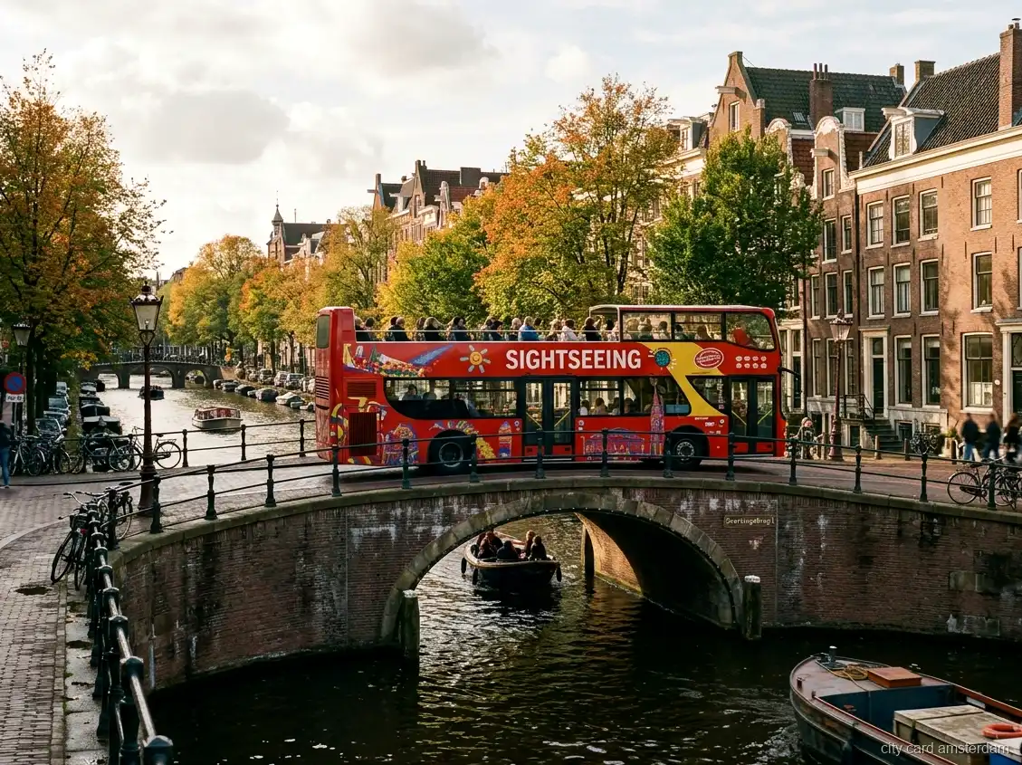 Amsterdam Hop-On Hop-Off Bus and Boat: open top sightseeing bus crossing a canal bridge