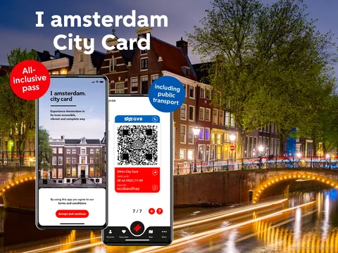 I amsterdam City Card with Amsterdam canal houses in the background