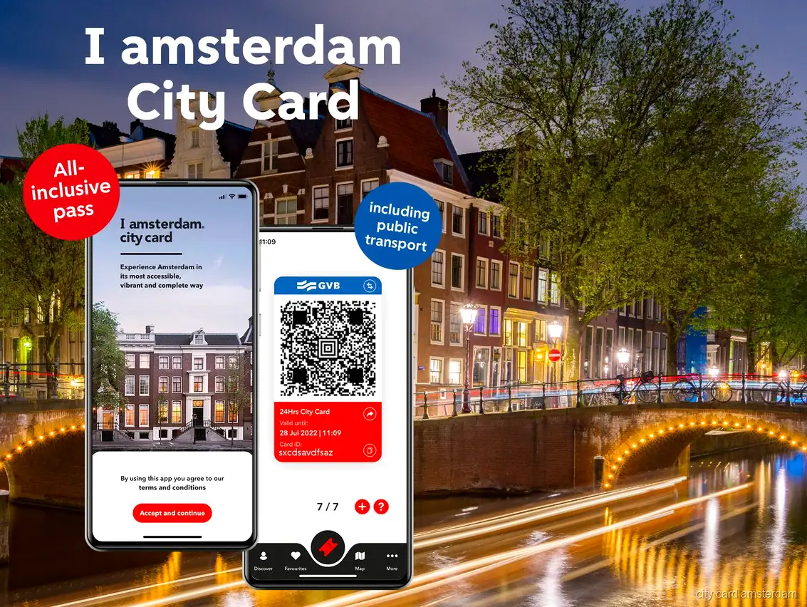 I amsterdam City Card with Amsterdam canal houses in the background